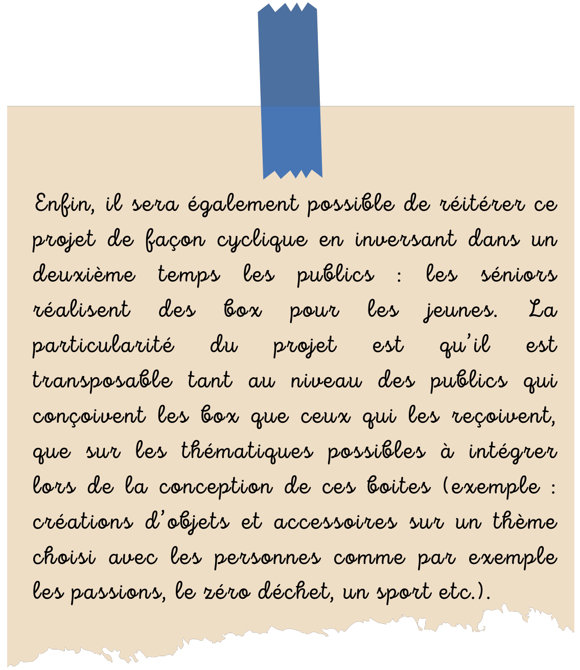 Enfin, il sera également possible de réitérer ce projet de façon cyclique en inversant dans un deuxième temps les publics : les séniors réalisent des box pour les jeunes. La particularité du projet est qu’il est transposable tant au niveau des publics qui conçoivent les box que ceux qui les reçoivent, que sur les thématiques possibles à intégrer lors de la conception de ces boites (exemple : créations d’objets et accessoires sur un thème choisi avec les personnes comme par exemple les passions, le zéro déchet, un sport etc.).